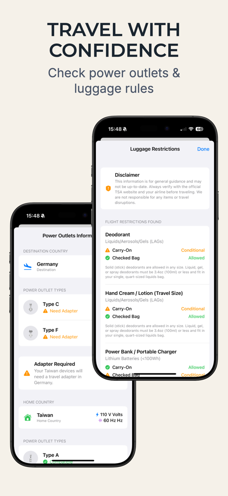PackNinja: Travel Packing List - PackNinja app interface showing international power outlet requirements and flight luggage restrictions for carry-on and checked bags.