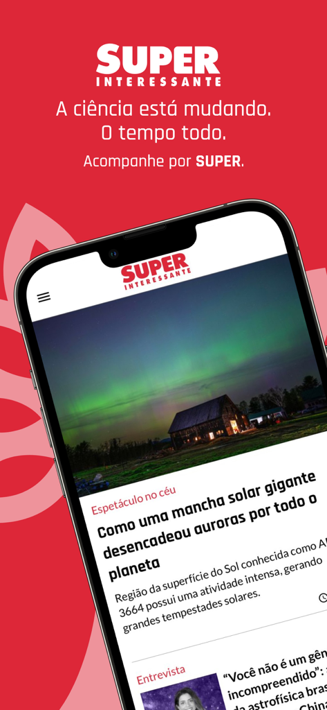 SUPERINTERESSANTE - Smartphone screen displaying a science article about solar storms and auroras from the SUPERINTERESSANTE magazine app