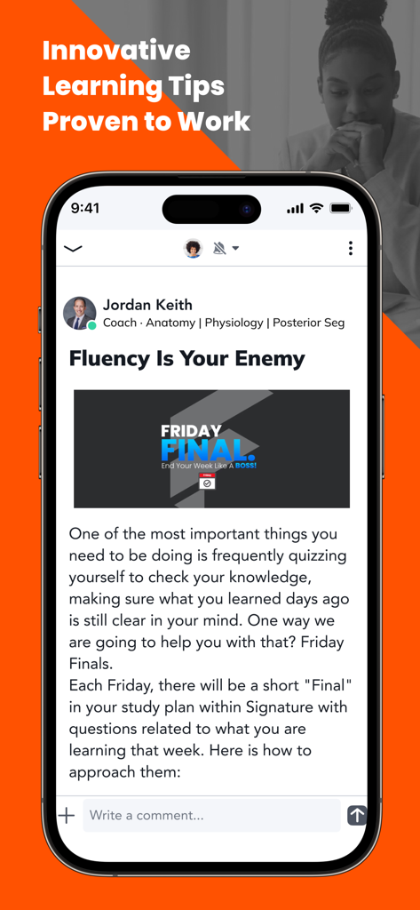 KMK Optometry Coaching - KMK Optometry Coaching app interface showing a study tip post about Friday quizzes for exam preparation
