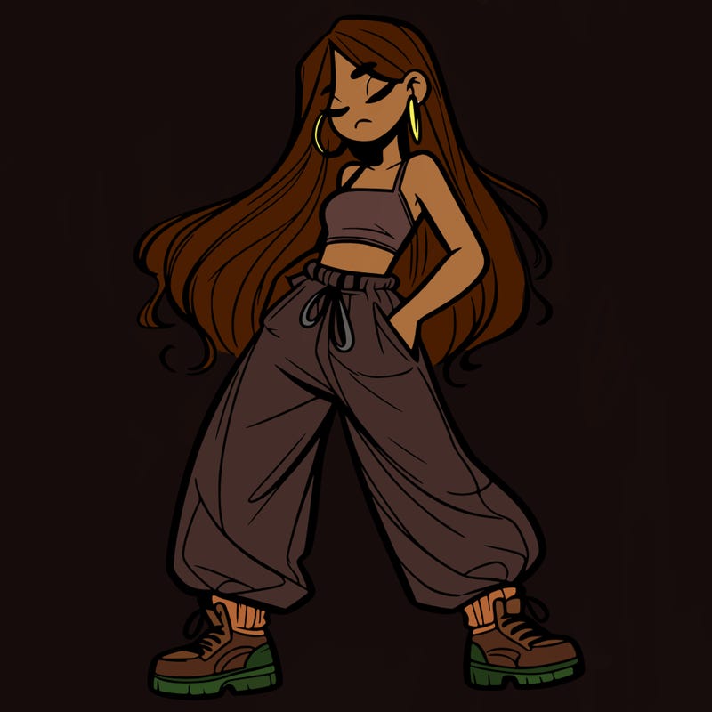 girl in baggy pants crop top and long hair