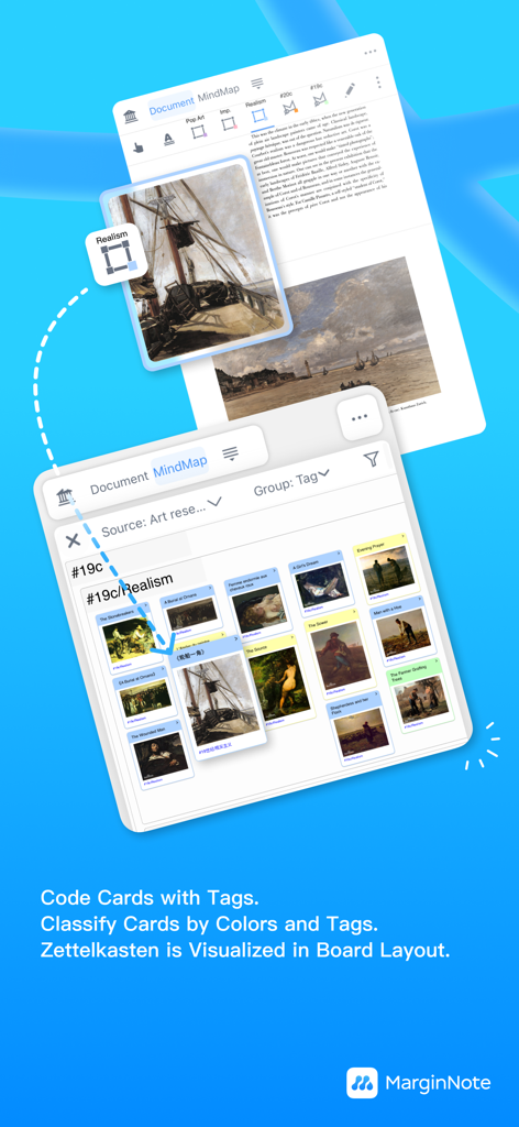 MarginNote 4 interface showing Zettelkasten card board with tags for visual research