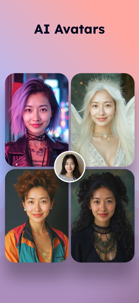 PixVibe: Magic Object Eraser - El retrato de una mujer transformado en cuatro estilos diferentes de avatares de IA, incluyendo etéreo y punk