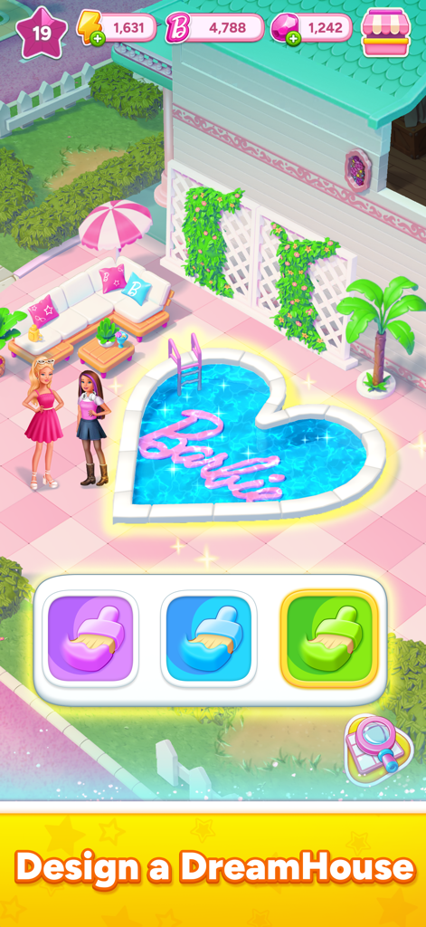 Barbie™ Merge Mystery - Barbie y una amiga de pie junto a una piscina en forma de corazón en el patio personalizable de la DreamHouse