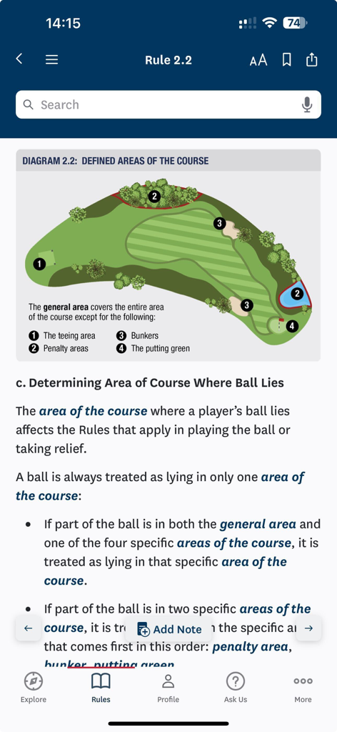 The Official Rules of Golf - A diagram showing the different areas of a golf course within the USGA Official Rules of Golf app