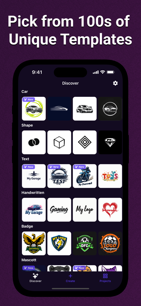 AI Logo Maker: LogoAI - Tela de descoberta do aplicativo AI Logo Maker mostrando centenas de modelos de logo exclusivos em diferentes categorias como formato de carro e selo.