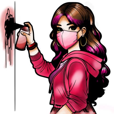 realistic girl with mask spray painting a wall