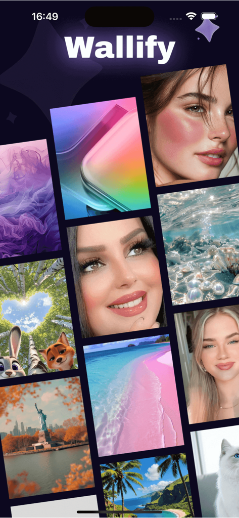 A grid display of various aesthetic wallpapers including portraits and nature scenes in the Wallify app.