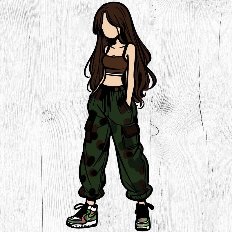 girl in baggy pants crop top and long hair