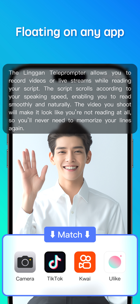 Mobile teleprompter script overlaying a camera view with social media app icons like TikTok and Kwai