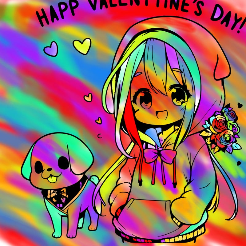 manga character wearing a cute valentine's day hoodie with the dog
