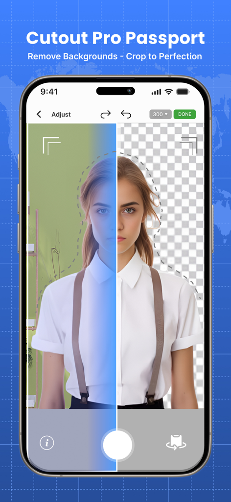 A split screen comparison showing the Cutout Pro Passport app removing a background from a portrait photo.