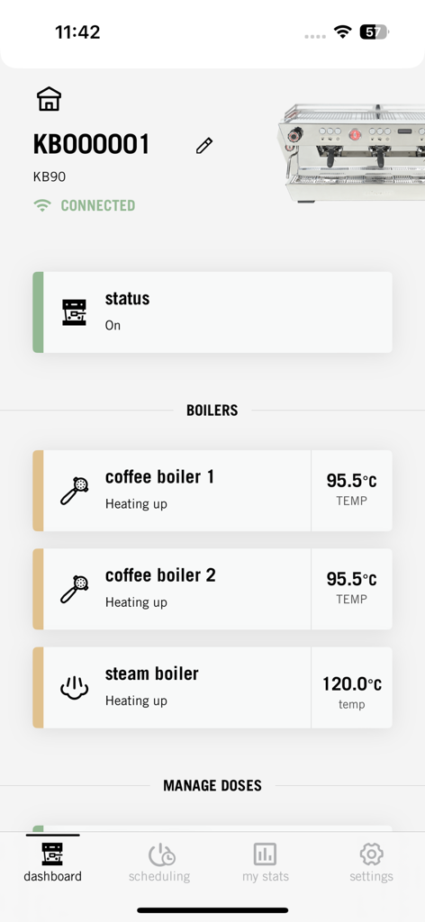 La Marzocco - La Marzoccoアプリのダッシュボードに、エスプレッソマシンのコーヒーボイラーとスチームボイラーのリアルタイム温度が表示されています