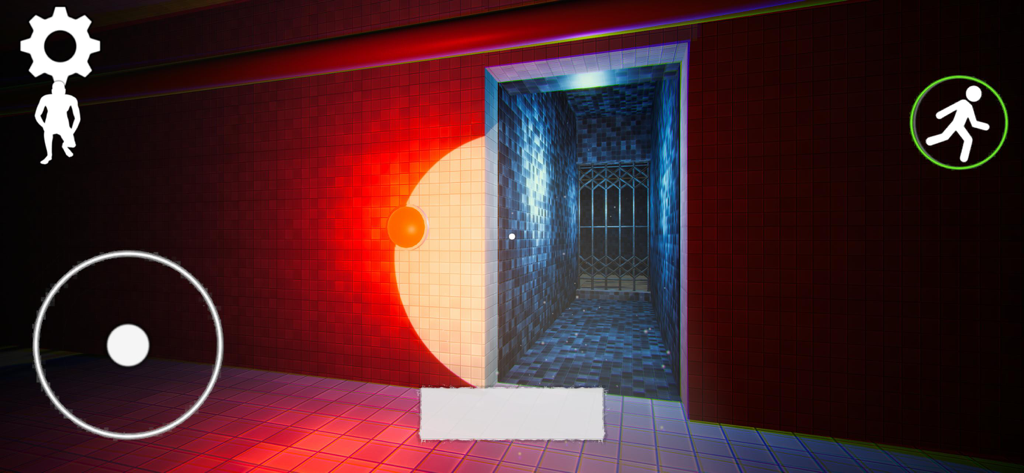 Apeirophobia Escape Backrooms - Captura de pantalla del juego de un pasillo oscuro y embaldosado en el juego móvil Apeirophobia Escape Backrooms.