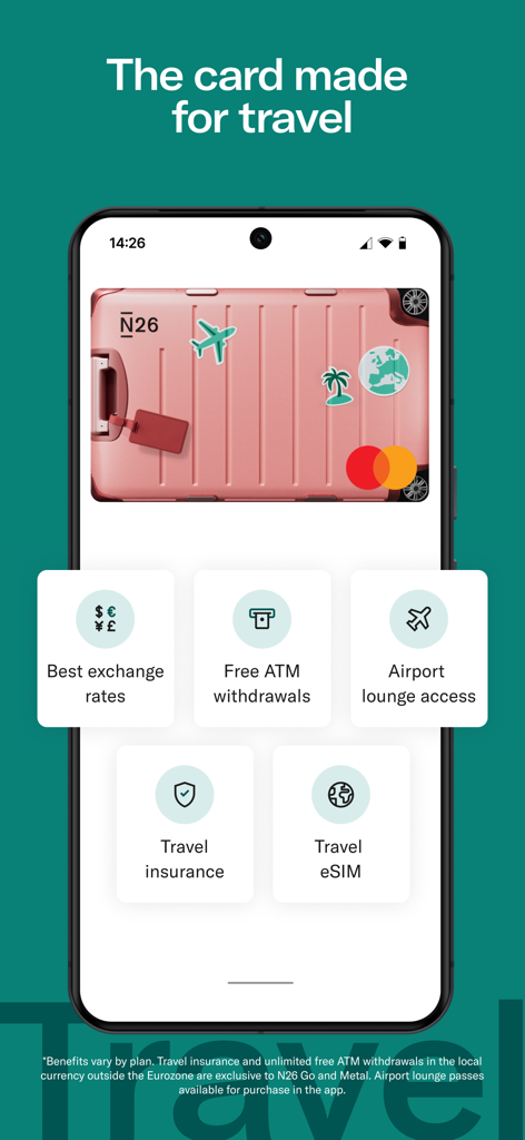 N26 — Love your bank - N26 app screen highlighting travel features including exchange rates, free ATM withdrawals, and airport lounge access