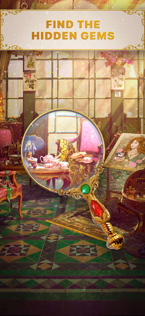 Dazzly Stories: Ambre's Secret - A magnifying glass searching for hidden treasures in a Parisian mansion room