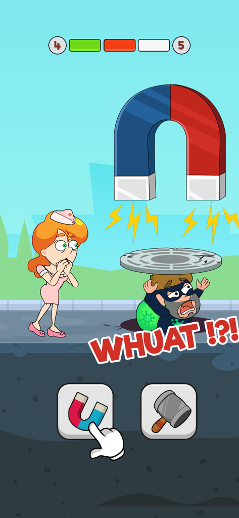 Save The Lady - Save The Lady Gameplay zeigt die Wahl zwischen einem Magneten und einem Hammer, um einen Einbrecher in einem Gully zu stoppen.