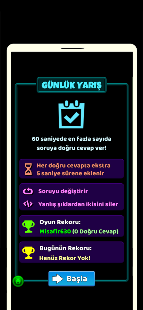 İslami soru cevap oyunu - Interface of the Islamic Q&A game showing the Daily Race mode instructions and records.