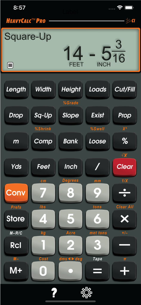 HeavyCalc Pro - Calculatrice de mathématiques de construction HeavyCalc Pro affichant un calcul de mise à niveau en pieds et pouces