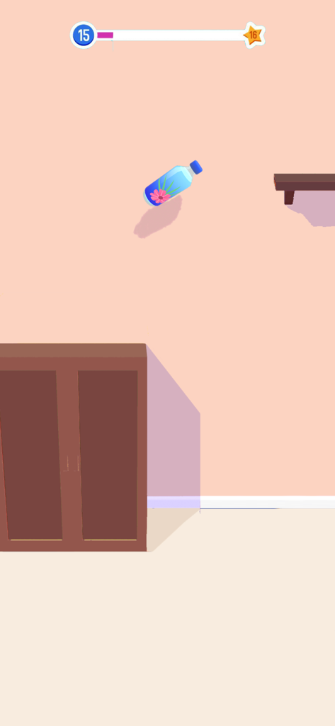 A blue water bottle with a flower design flipping mid-air between a cabinet and a shelf in a 3D game environment.