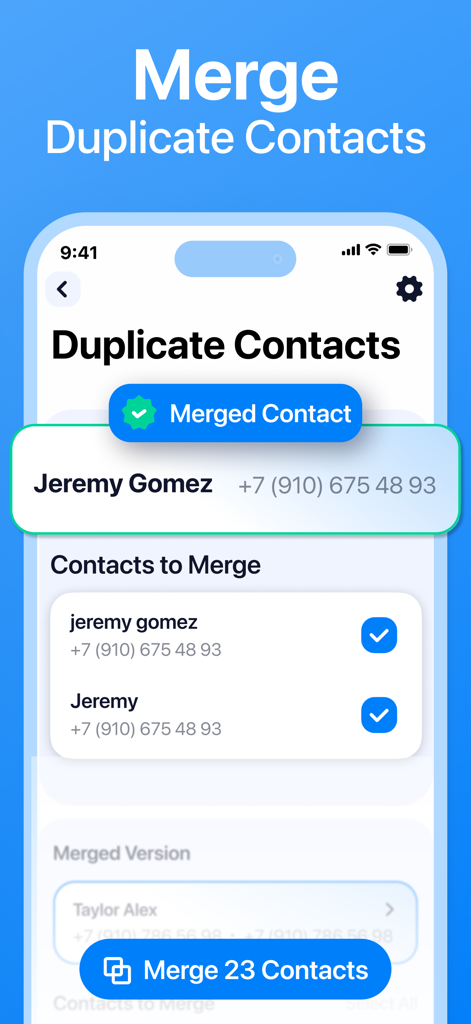 Pantalla que muestra la función para fusionar contactos duplicados en la aplicación de almacenamiento del teléfono Cleanup.