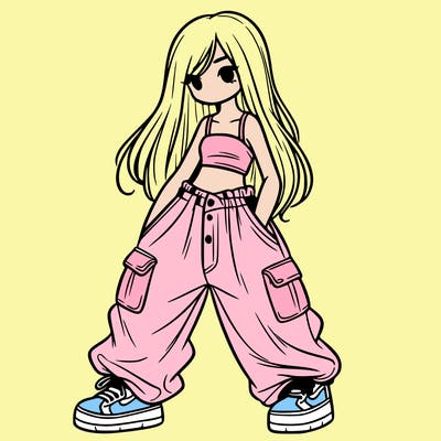 girl in baggy pants, crop top, and long hair