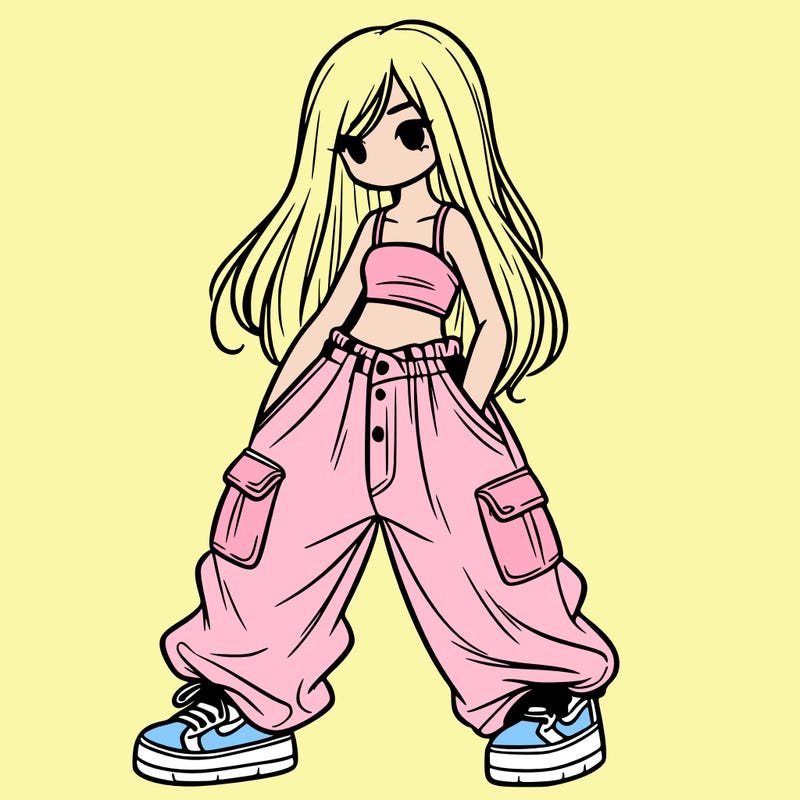 girl in baggy pants, crop top, and long hair