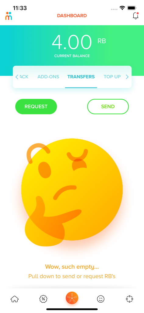 Mamen app dashboard showing balance transfer and request options.