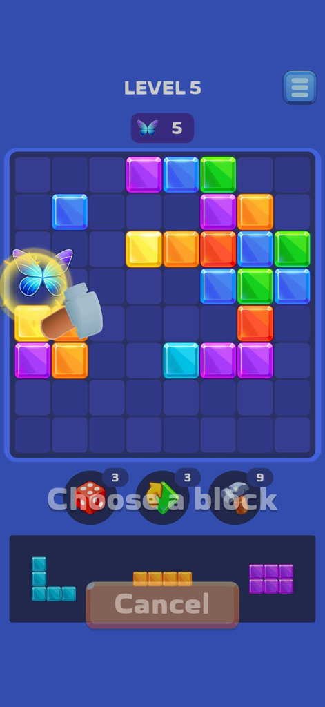 Block Blitz Gems Puzzle gameplay screen showing colorful gem blocks and hammer booster on level five