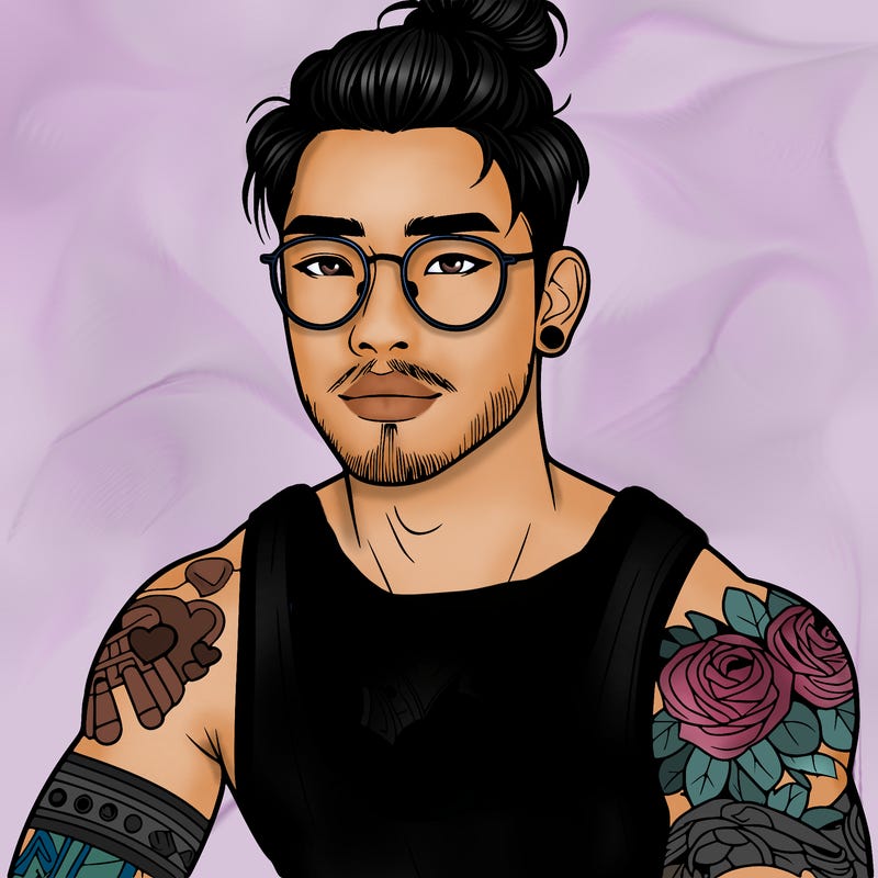young attractive asian man with a man-bun, glasses, and tattoo's