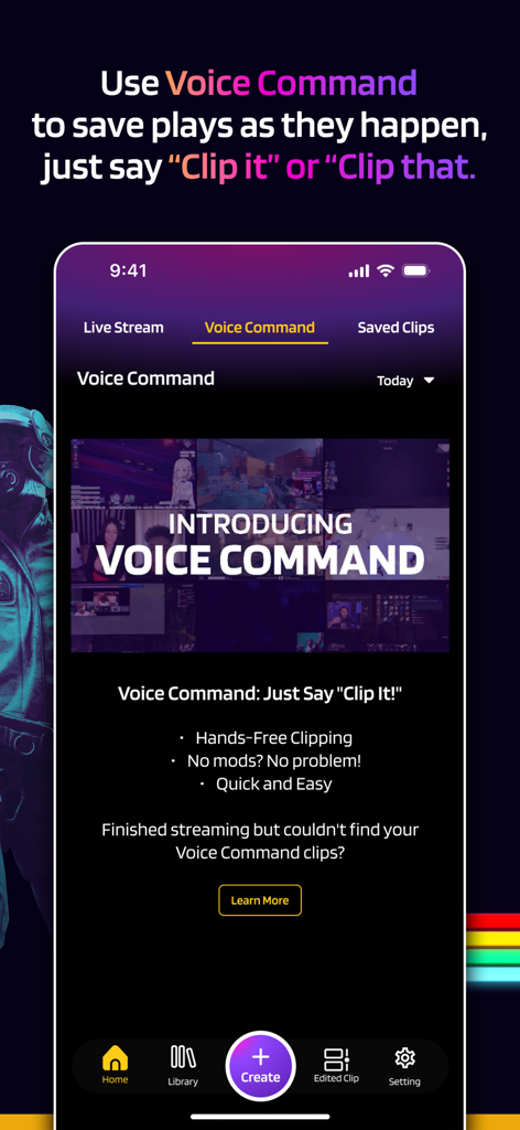 Eklipse.gg - Eklipse app interface highlighting hands-free voice commands to clip gaming highlights