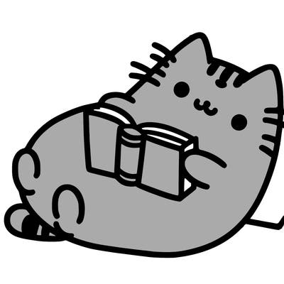 pusheen cat laying on its back reading