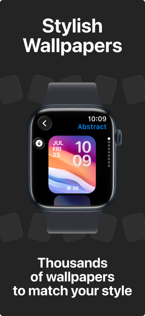 WatchWalls AI: Ultra Walls - Apple Watch Ultra displaying a colorful abstract wallpaper from the WatchWalls AI collection.