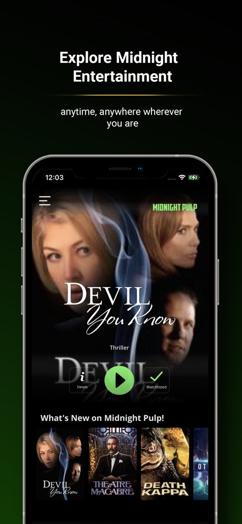 Midnight Pulp - Midnight Pulp mobile app home screen showing featured cult movies and thrillers