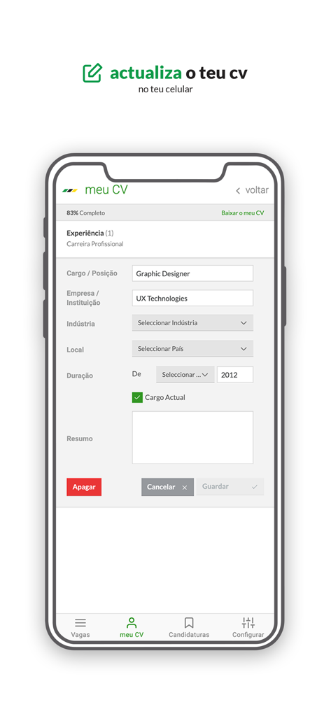 emprego.co.mz - Digital CV editor interface in the Emprego.co.mz app showing professional experience fields