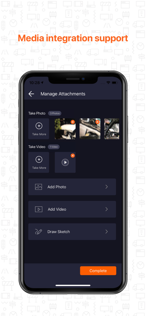 Interface do aplicativo iMAAP mostrando a tela de gerenciamento de anexos com opções para adicionar fotos, vídeos e esboços do local do acidente