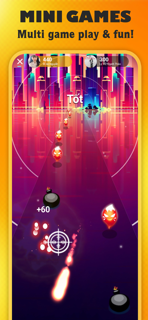 Fega - Music game - Interfaz de la aplicación del juego musical Fega mostrando un minijuego de ritmo con fondo de ciudad de neón.