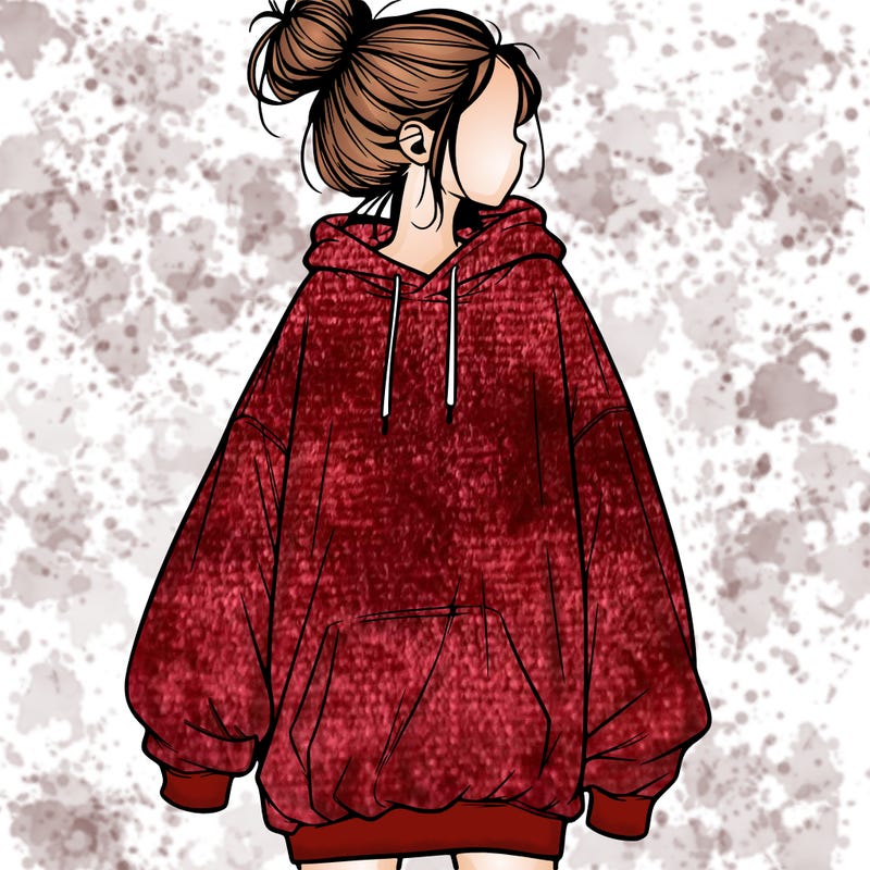 realistic girl with a oversized sweatshirt on and a bun