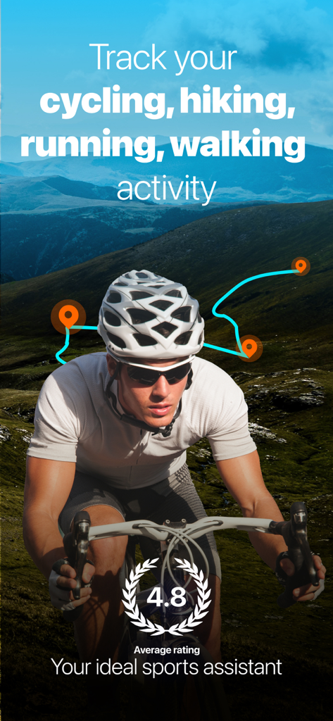 Run, Bike, Walk, Hike tracker - Um ciclista pedalando por montanhas com uma sobreposição de rota GPS mostrando os recursos do aplicativo