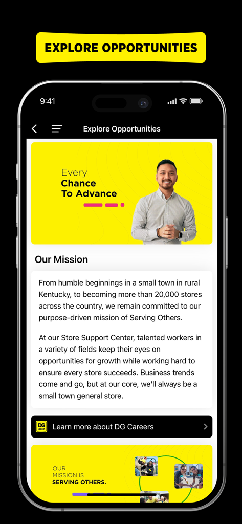 DG Benefits - The Explore Opportunities page of the DG Benefits app showing career advancement and the Dollar General mission statement