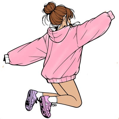 realistic girl jumping with a bun and oversized sweatshirt