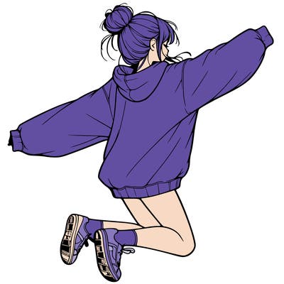 realistic girl jumping with a bun and oversized sweatshirt