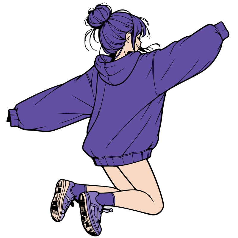 realistic girl jumping with a bun and oversized sweatshirt