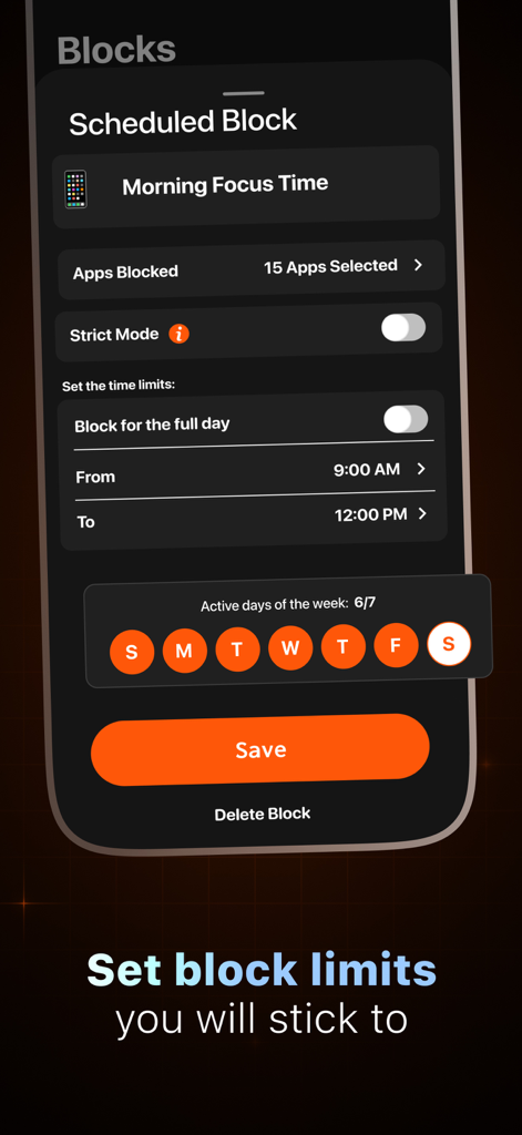 Bonfire: Screen Time Blocker - Interface of Bonfire app showing a scheduled morning focus block from 9 AM to 12 PM with 15 apps blocked