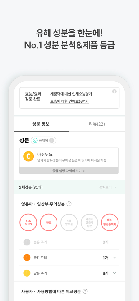 맘가이드 - 유아용품 성분 분석, 랭킹, 등급 - Uno screenshot dell'app MomGuide che mostra una valutazione della sicurezza degli ingredienti e icone di avviso per prodotti per bambini.