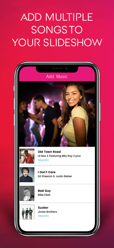 Smartphone screen showing a list of popular songs to add to a slideshow