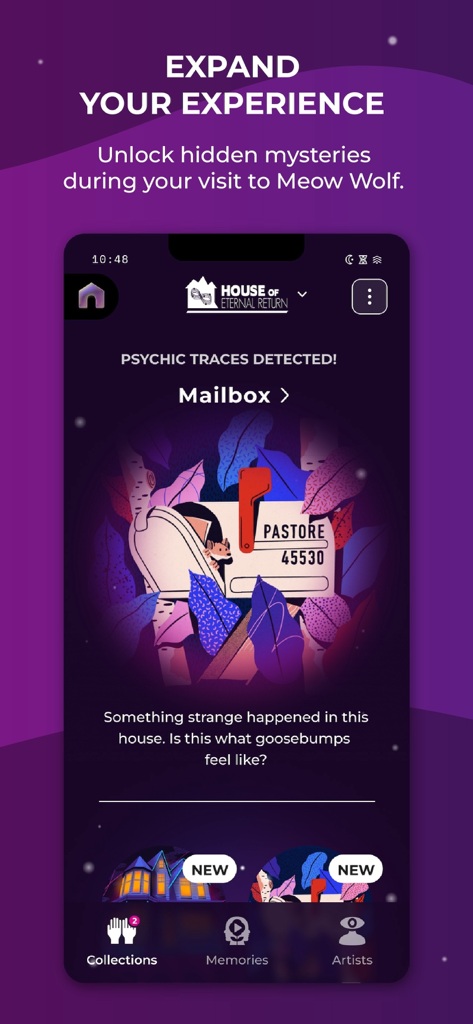 Meow Wolf - A screenshot of the Meow Wolf app Psychic Sensor interface for the House of Eternal Return experience.