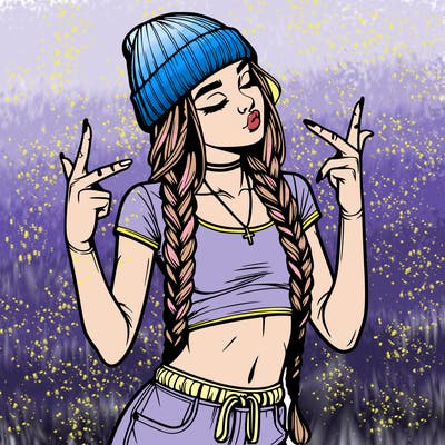 realistic teenage girl with braids and a beanie and crop top doing 🫶🏼