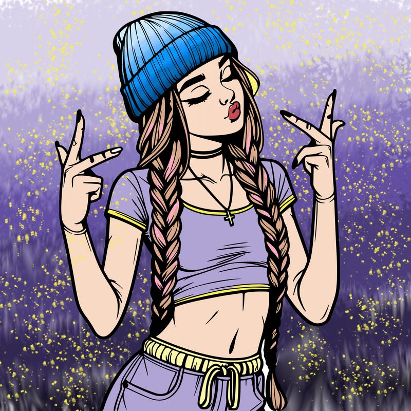 realistic teenage girl with braids and a beanie and crop top doing 🫶🏼
