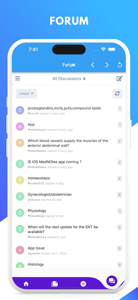 Interface of the MedNotes app forum showing medical discussion threads and study questions for students