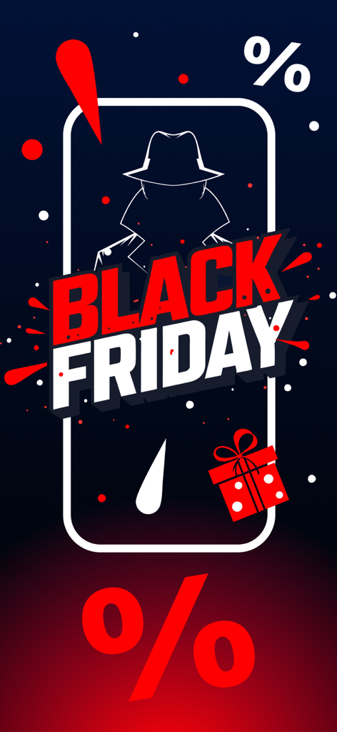 Black Friday promotional banner for WTMP security app showing a detective silhouette and gift box